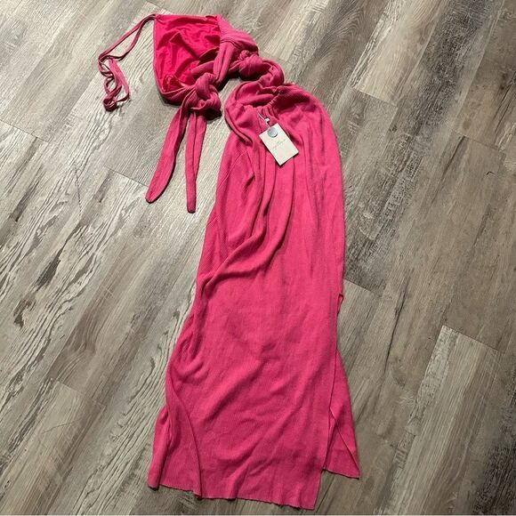 CAPITANNA Mika Knitted Cotton Ribbed Maxi Dress Size M/L Cut Out Pink Barbie - Picture 5 of 7